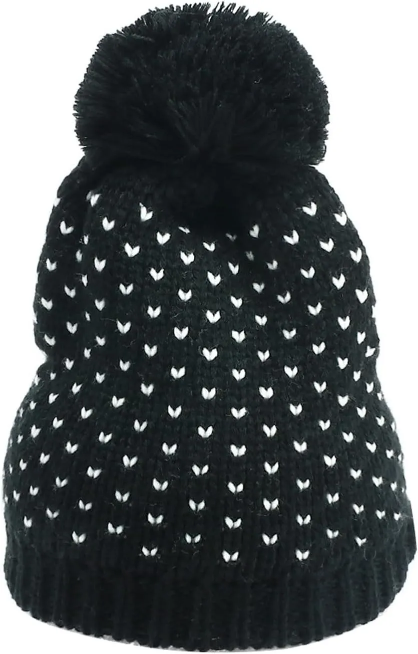 Womens Knitted Beanie Hat with Faux Pom Pom Fleece Lined Soft Heart Knit Slouchy Cap Thick Warm Winter Bobble Hat