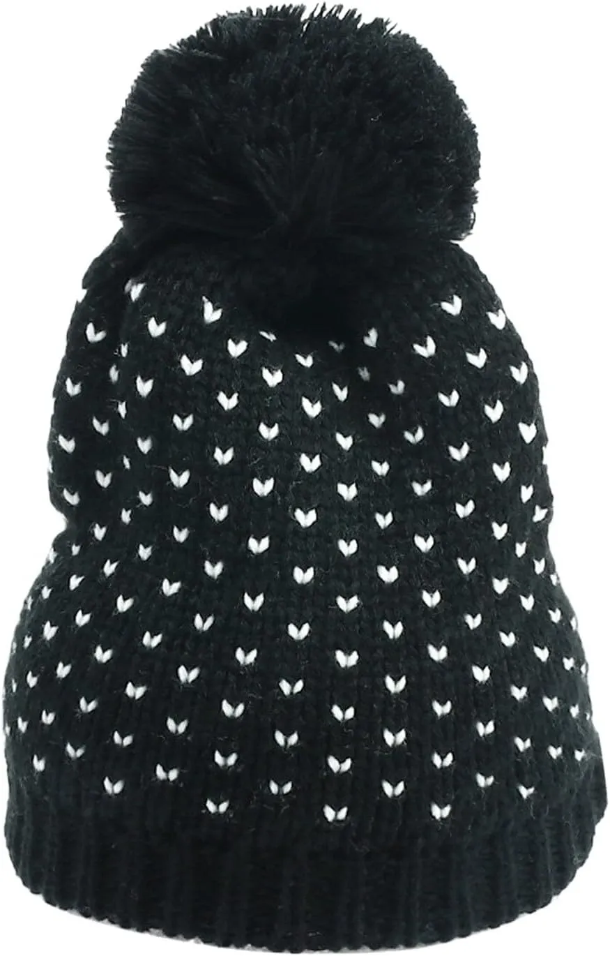 Womens Knitted Beanie Hat with Faux Pom Pom Fleece Lined Soft Heart Knit Slouchy Cap Thick Warm Winter Bobble Hat