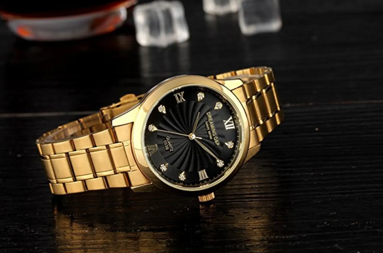 Yellow Gold Men's Luxury Business Quartz Sports Watch with CZ Diamonds (Black Face)