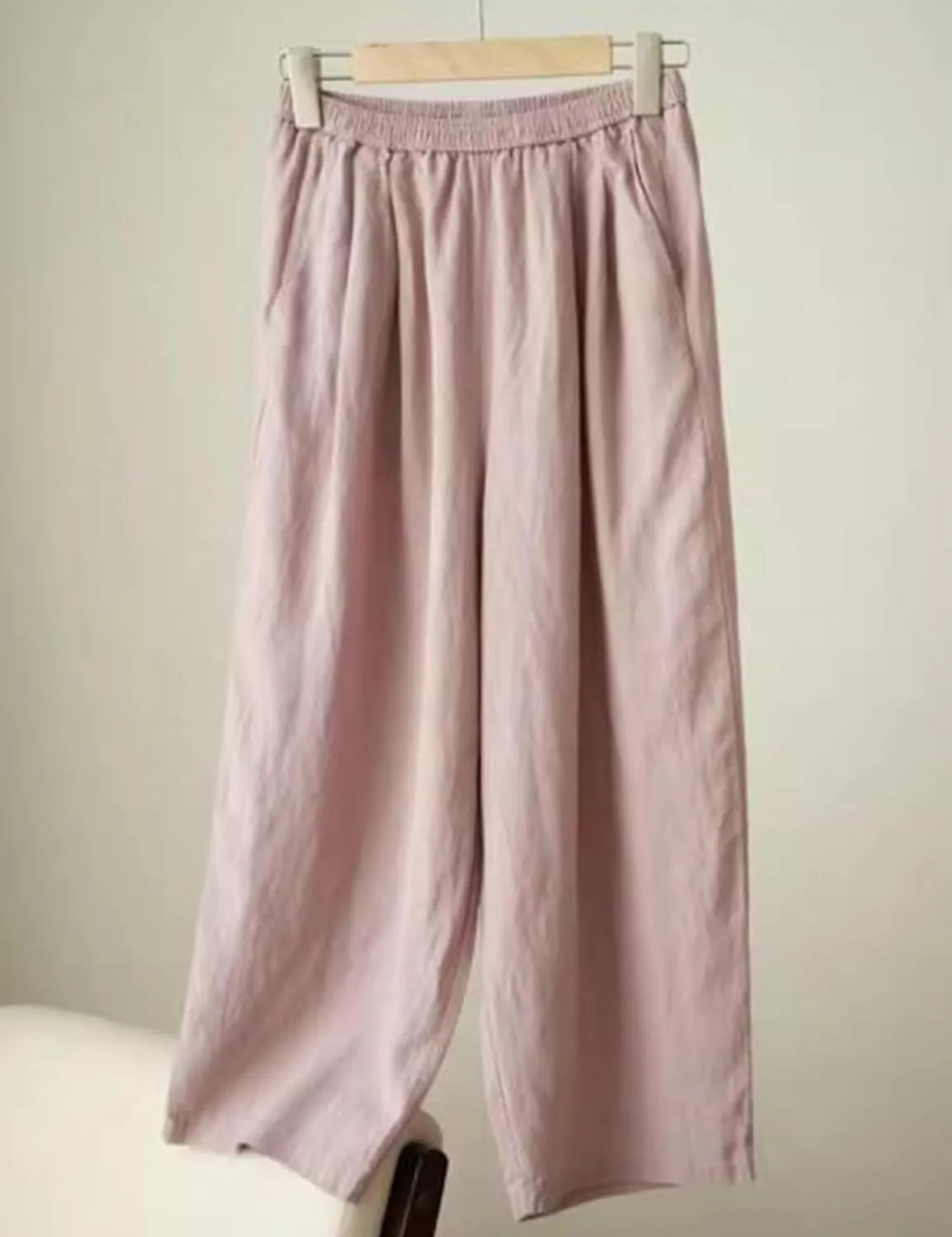 Yeokou Womens Linen Wide Leg Pants Casual Cropped Elastic Waist Summer Beach Vacation Harem Pants with Pockets