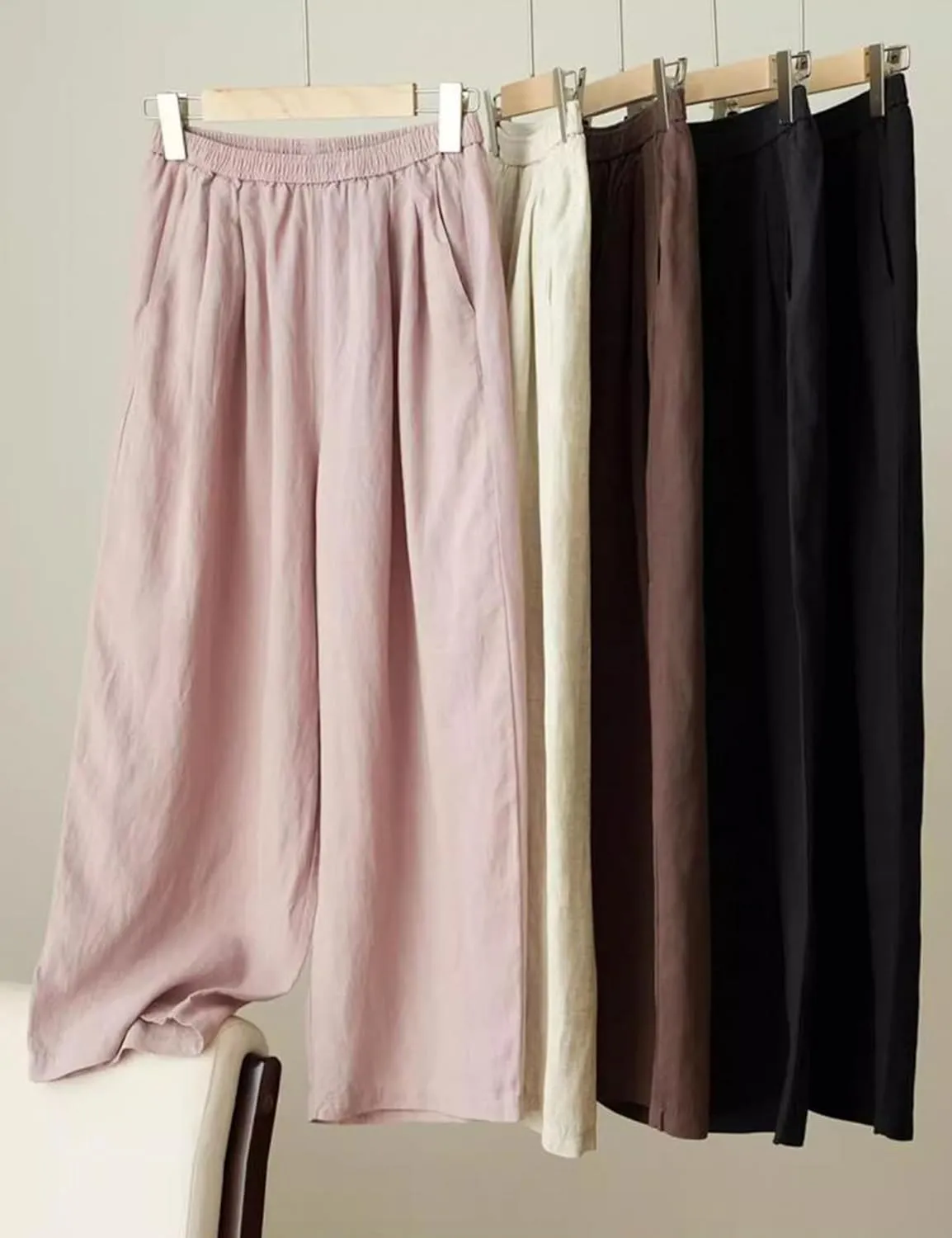Yeokou Womens Linen Wide Leg Pants Casual Cropped Elastic Waist Summer Beach Vacation Harem Pants with Pockets