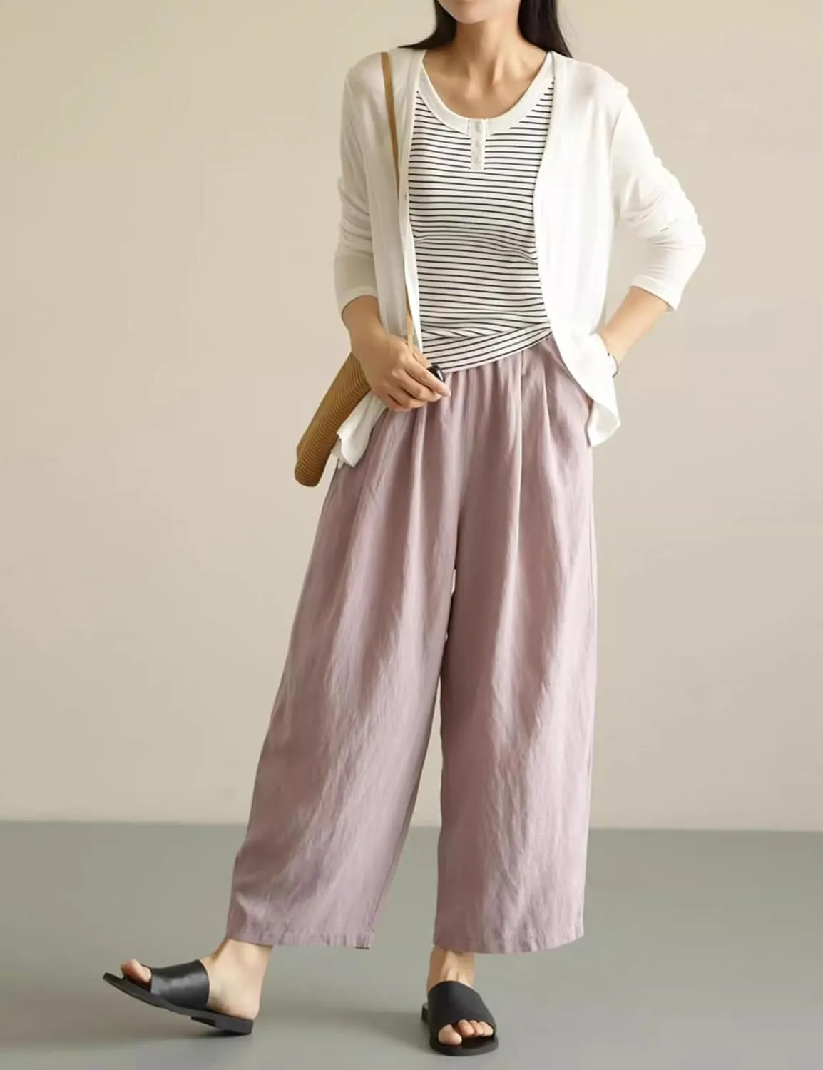 Yeokou Womens Linen Wide Leg Pants Casual Cropped Elastic Waist Summer Beach Vacation Harem Pants with Pockets