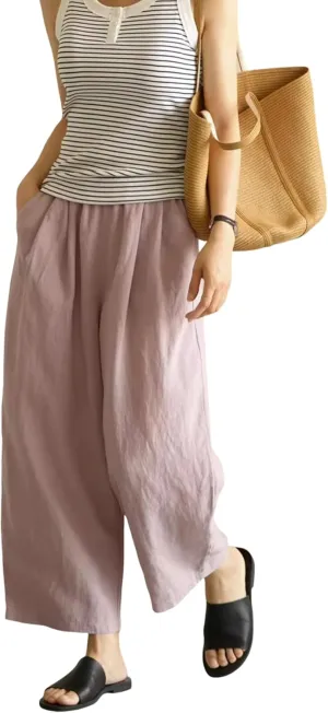 Yeokou Womens Linen Wide Leg Pants Casual Cropped Elastic Waist Summer Beach Vacation Harem Pants with Pockets