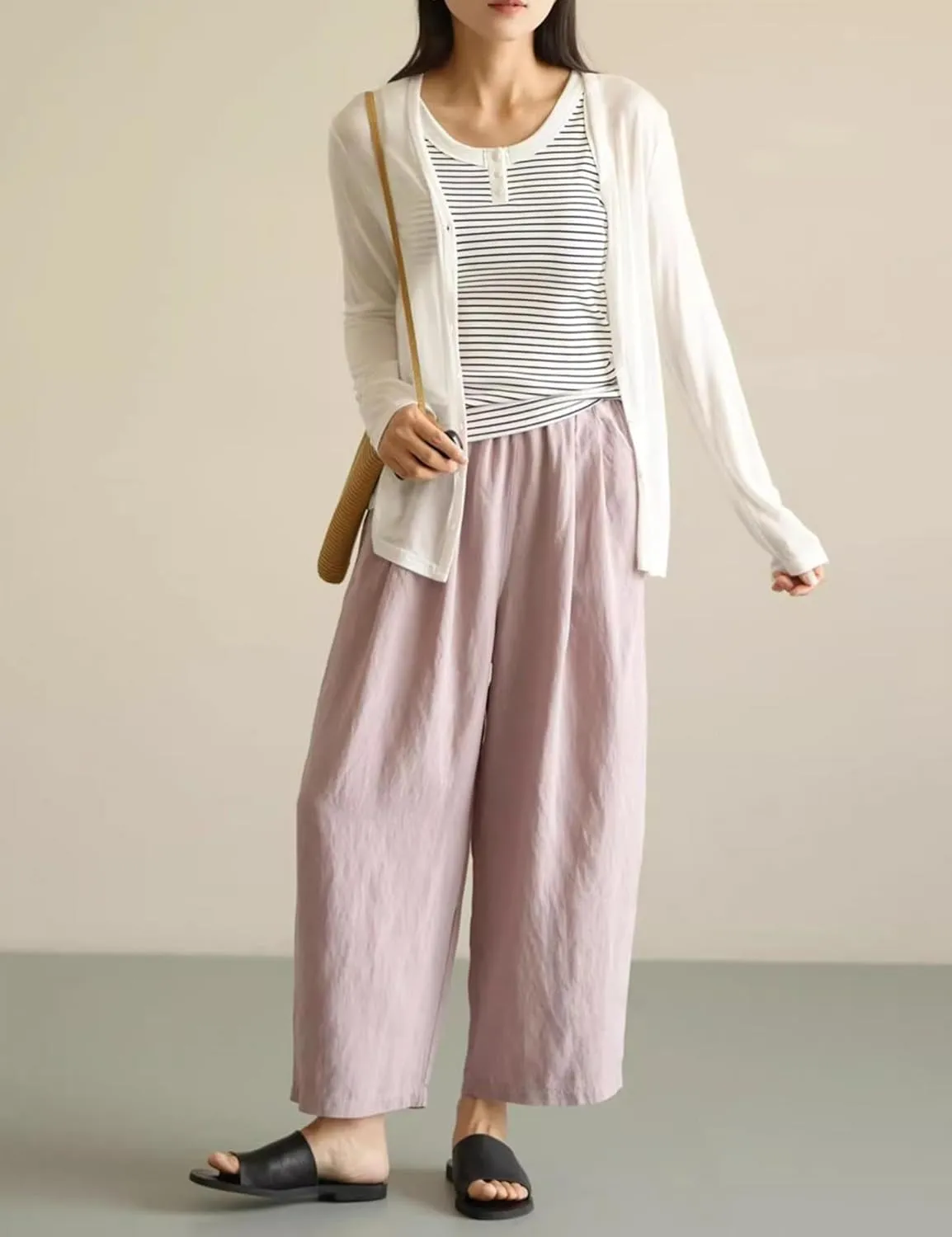 Yeokou Womens Linen Wide Leg Pants Casual Cropped Elastic Waist Summer Beach Vacation Harem Pants with Pockets